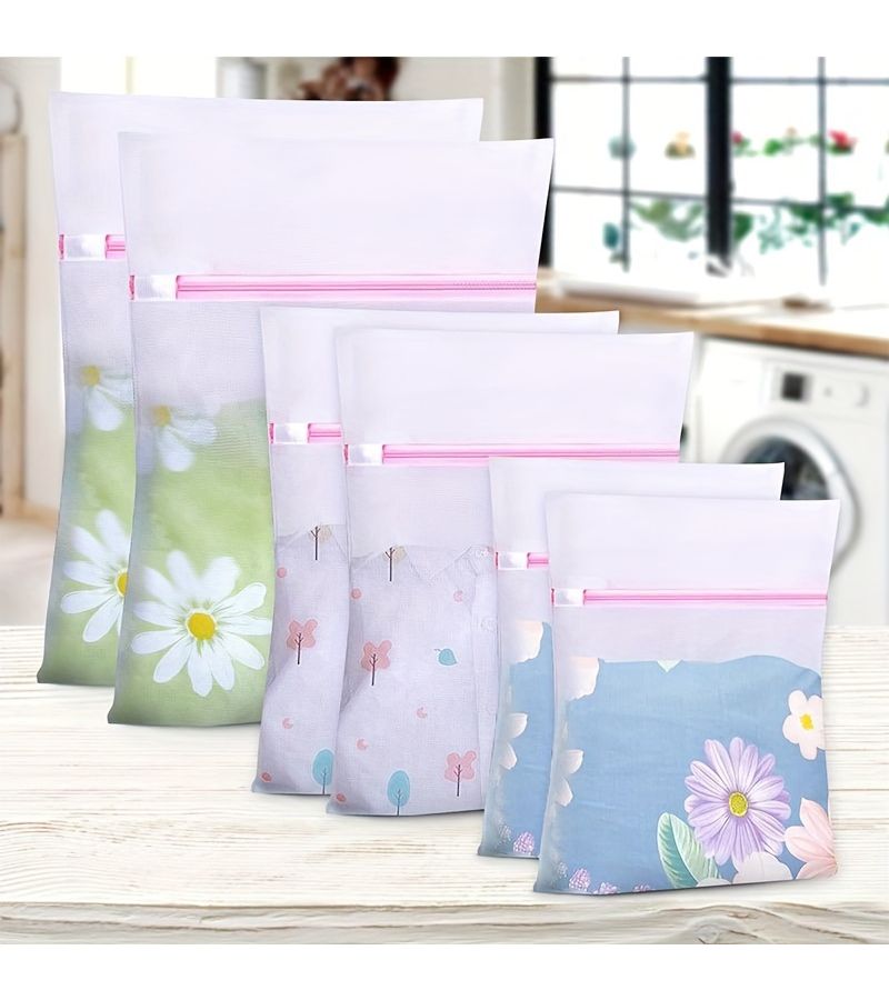 Pink Zipper 6 Piece Mesh Laundry Bag Set 2 Large 2 Medium 2 Small For Travel Organizing And Delicate Washing - Image 1