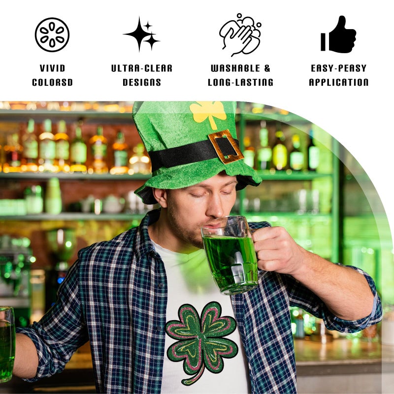 INCOK St Patrick's Day Dtf Transfers Ready to Press - 20 Pcs Shamrock Iron on Patches for T-Shirts, Bow Heat Transfer Vinyl Stickers, Humorous Iron on Decals for Clothes Bag DIY Irish Day Craft - Image 3