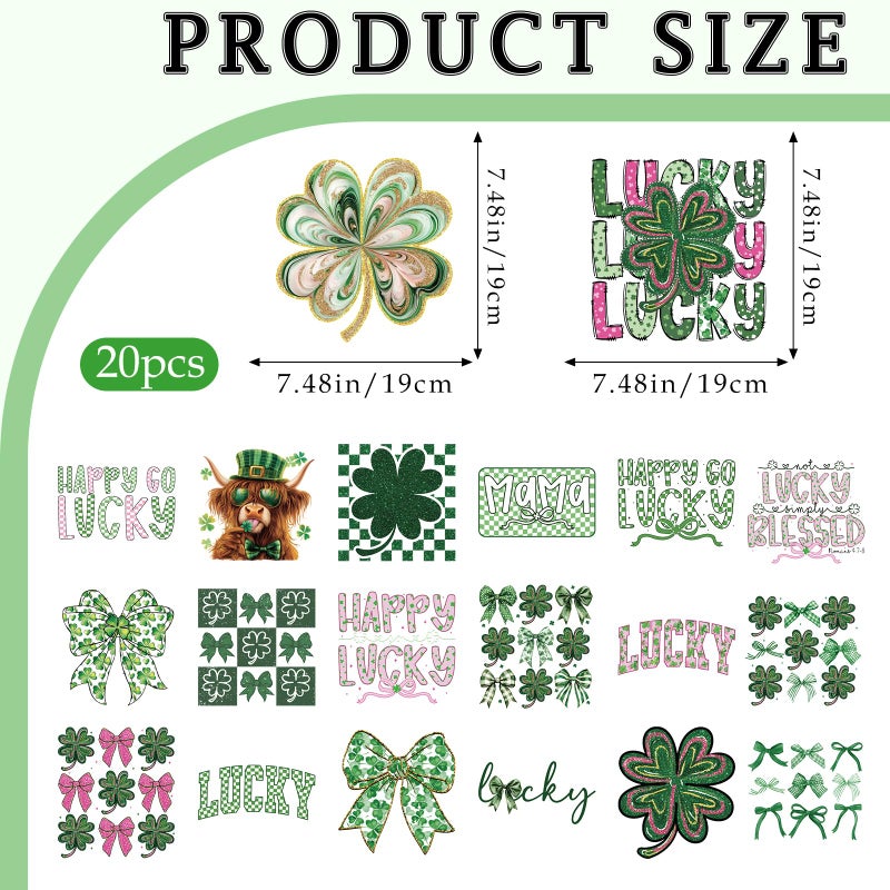 INCOK St Patrick's Day Dtf Transfers Ready to Press - 20 Pcs Shamrock Iron on Patches for T-Shirts, Bow Heat Transfer Vinyl Stickers, Humorous Iron on Decals for Clothes Bag DIY Irish Day Craft - Image 4