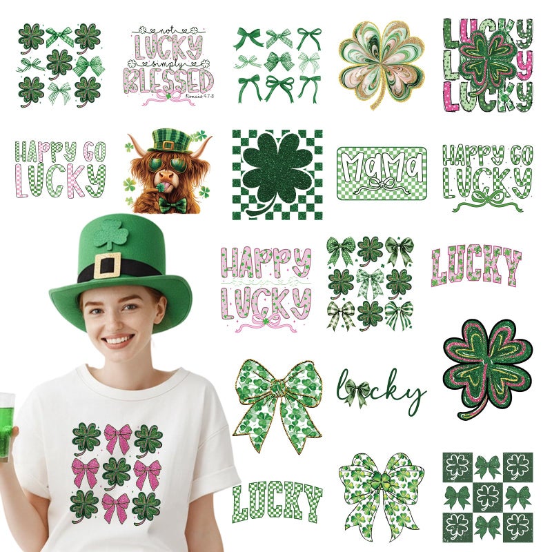INCOK St Patrick's Day Dtf Transfers Ready to Press - 20 Pcs Shamrock Iron on Patches for T-Shirts, Bow Heat Transfer Vinyl Stickers, Humorous Iron on Decals for Clothes Bag DIY Irish Day Craft - Image 1