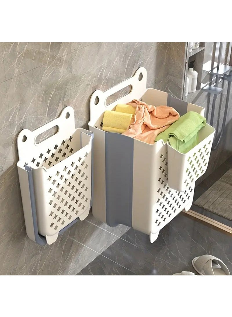 سلة غسيل كبيرة قابلة للطي تُثبّت على الحائط - مصنوعة من البلاستيك المتين، بتصميم متعدد الأقسام لتخزين الملابس والأغراض المتنوعة بكفاءة، مثالية للحمام وغرفة النوم، وإكسسوارات غرفة الغسيل، باللون الأزرق - Image 2