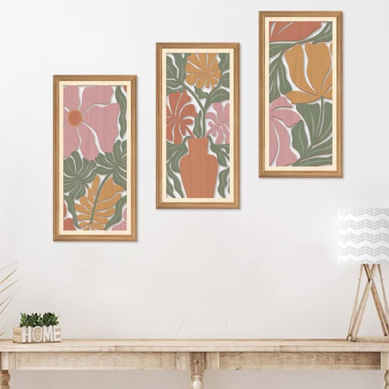 IARTTOP 3 Pcs Boho Flower Market Wall Decor Floral Botanical Modern Wood Wall Art Bohemian Floral Hanging Decor Abstract Minimalist Wooden Art for Living Room Bedroom Office 7.9 x15.8 Inch - Image 2