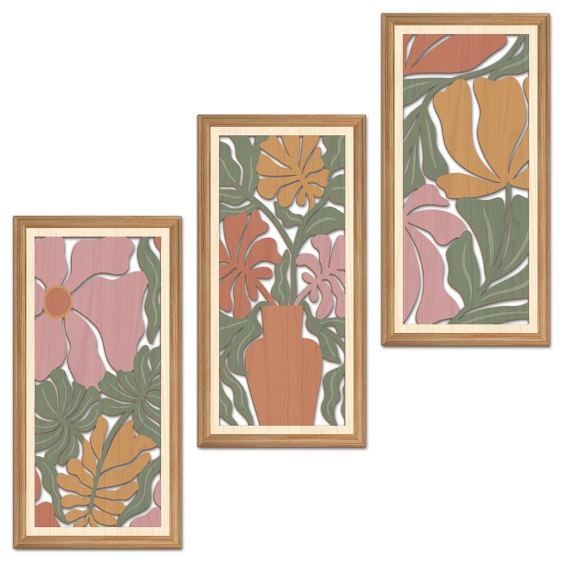 IARTTOP 3 Pcs Boho Flower Market Wall Decor Floral Botanical Modern Wood Wall Art Bohemian Floral Hanging Decor Abstract Minimalist Wooden Art for Living Room Bedroom Office 7.9 x15.8 Inch - Image 1