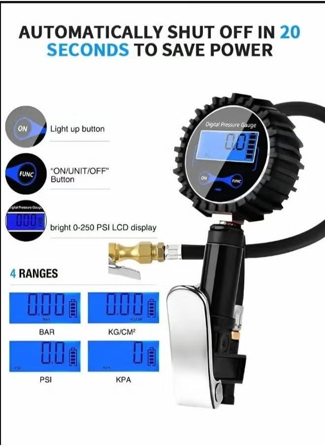 XiuWoo Digital Tire Inflator Pressure Gauge Tire Deflator 200 PSI Air Chuck With Rubber Hose And Quick Connect Coupler  - Image 4