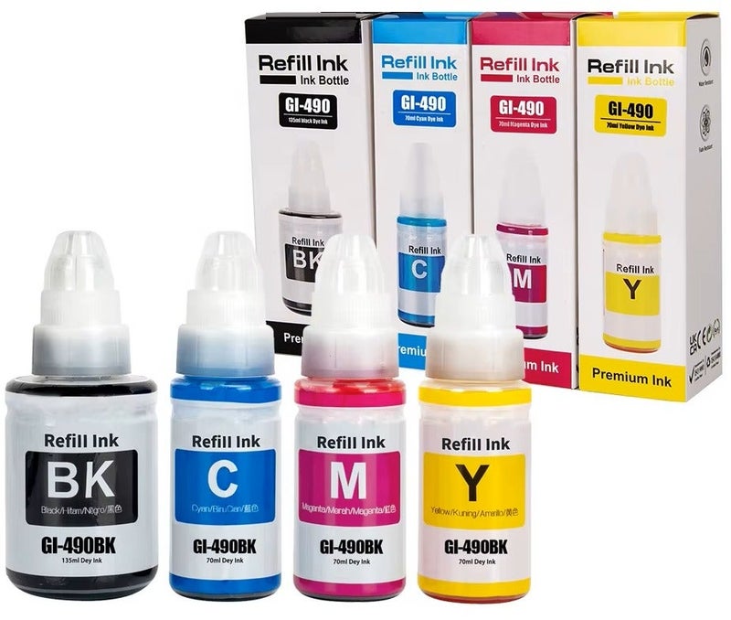 Refill Canon compatible ink 490 590 For Canon Pixma G1400 G1410 G1411 G2400 G2410 G2411 G3400 G3410 G3411 G3416 G4000 Printers. Black 135ML Cyan Yellow Magenta 70ML. - Image 1