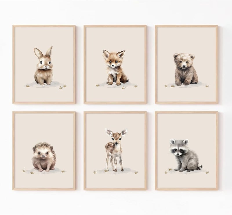 Youillne Woodland Nursery Wall Art Decor Safari Jungle Animal Prints Canvas Baby Boy Nursery Wall Art Pictures Forest Animal Poster Artwork for Boy Bedroom 12x16 Inch Unframed Set of 6 - Image 1
