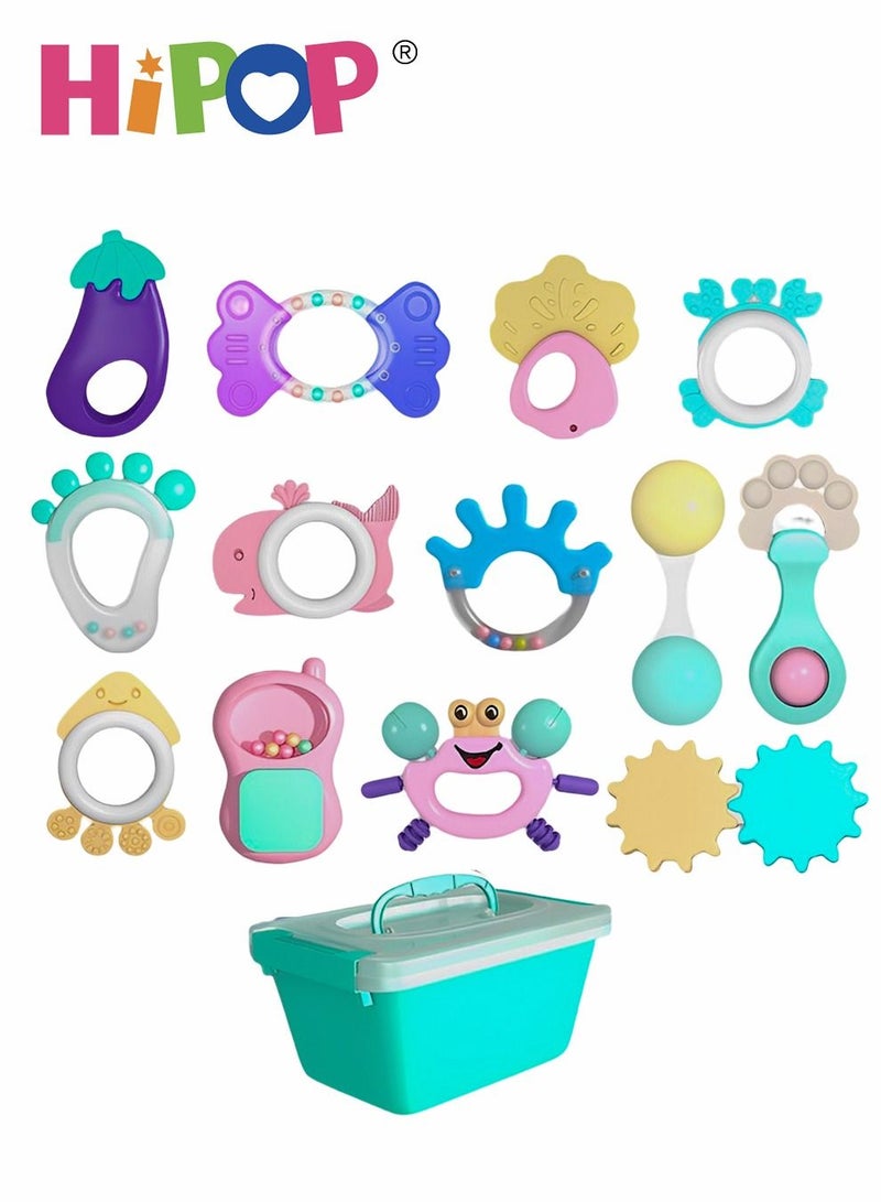 HIPOP 13 pcs Baby Rattle Toy With Individual Packaging,Infant Teething Toys,Grab and Spin Rattles Sensory Toy Set,Food Grade Silicone Material,Newborn Toys Gift Early Educational Toy Set - Image 1