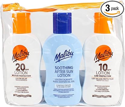 Malibu أساسيات السفر من ماليبو صن مع حماية من الشمس ولوسيون مهدئ بعد الشمس مقاوم للماء SPF 10 و 20 عبوة متعددة 3 × 100 مل - Image 1