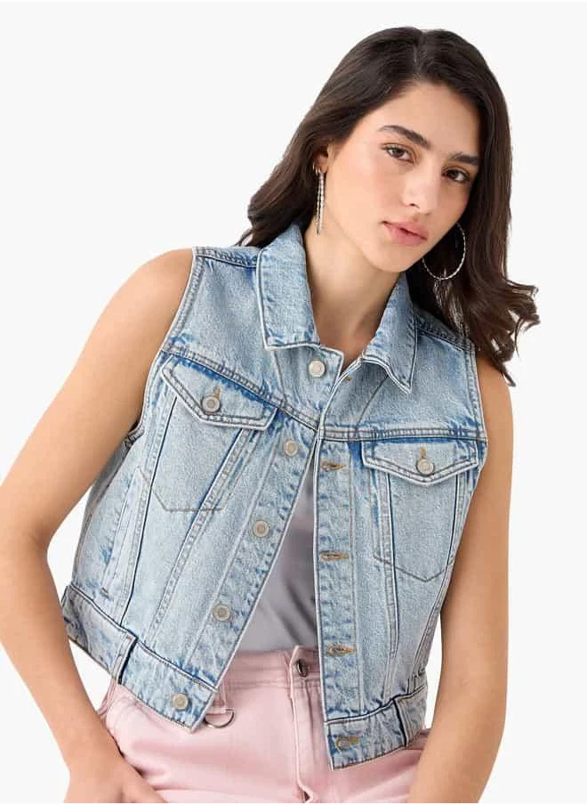 لي كوبر Lee Cooper Denim Sleeveless Gilet with Collar and Pockets