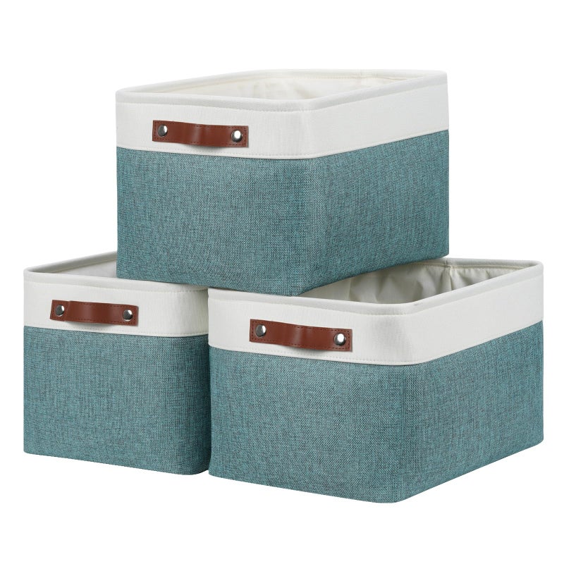 DULLEMELO Storage Baskets for OrganizingRectangular Fabric Storage Bins with Handles for OfficeBedroom3Pack 15 inch X 11 inch X 95 inch WhiteDark Green - Image 2