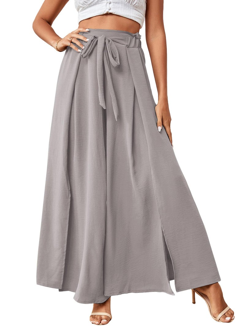 LYANER Women's Tie Front High Waist Side Split Slit Flowy Wide Leg Pleated Pant with Belt Light Gray Medium - Image 5
