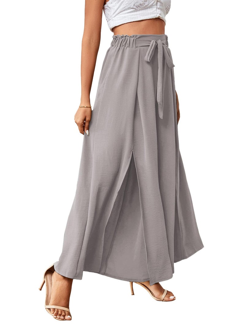 LYANER Women's Tie Front High Waist Side Split Slit Flowy Wide Leg Pleated Pant with Belt Light Gray Medium - Image 3
