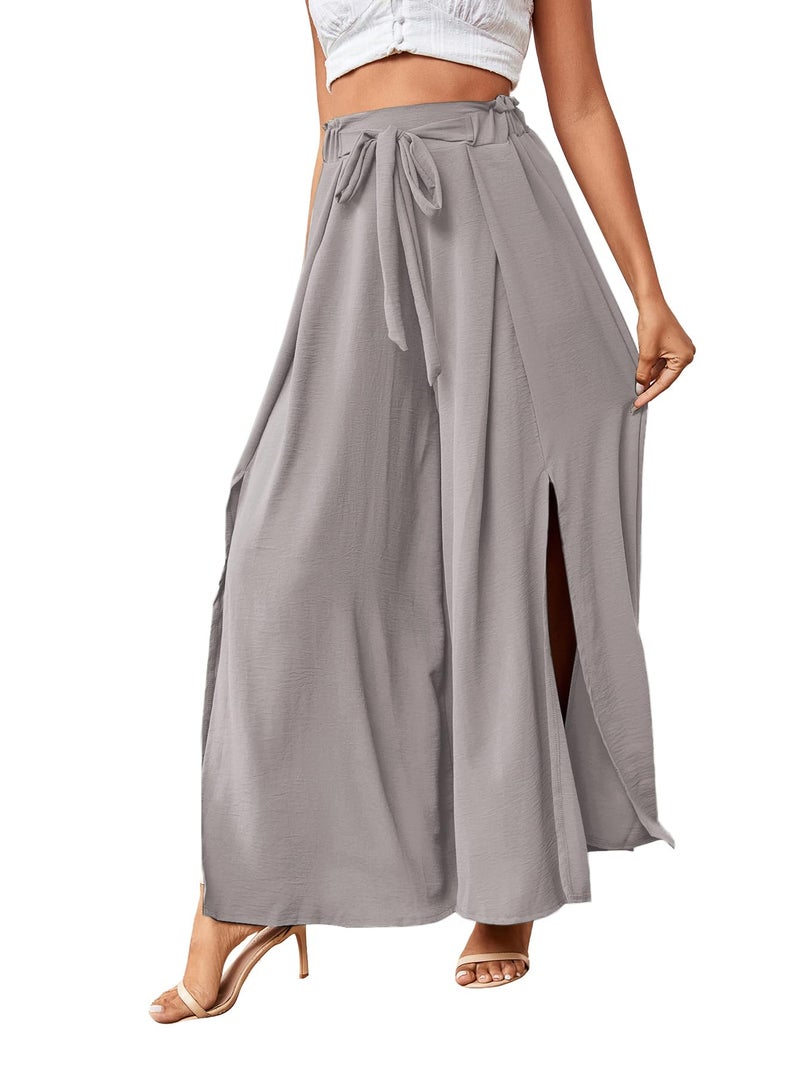 LYANER Women's Tie Front High Waist Side Split Slit Flowy Wide Leg Pleated Pant with Belt Light Gray Medium - Image 4