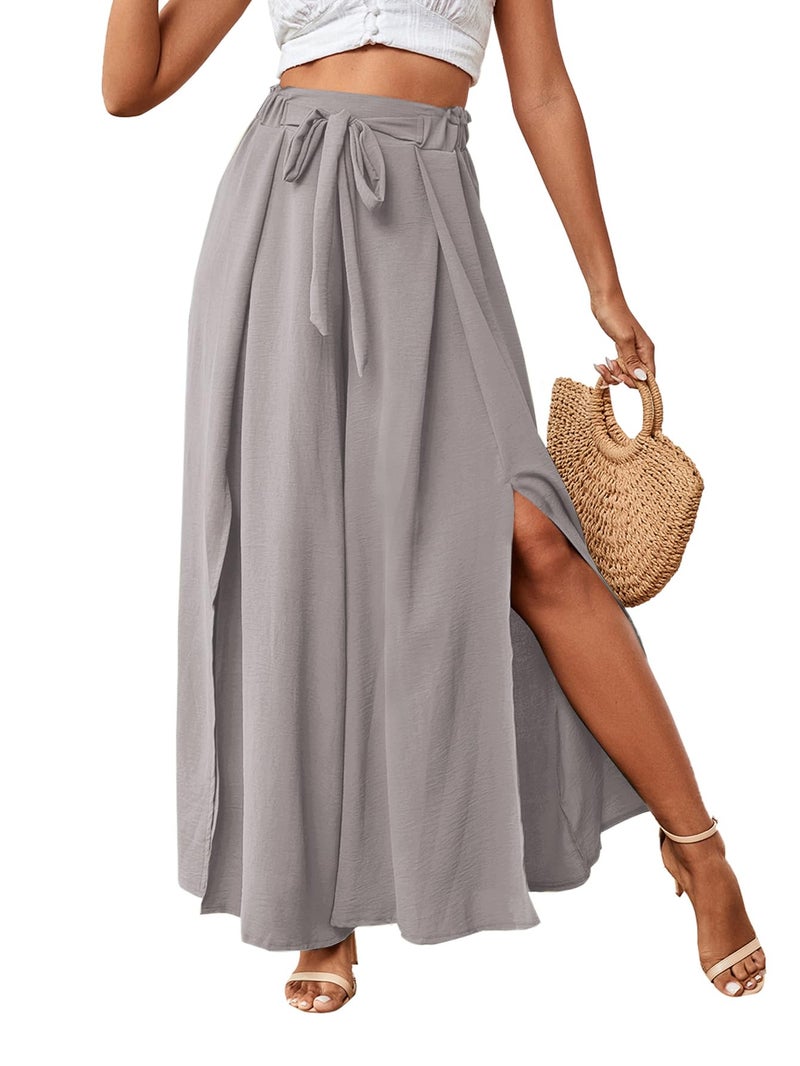LYANER Women's Tie Front High Waist Side Split Slit Flowy Wide Leg Pleated Pant with Belt Light Gray Medium - Image 1