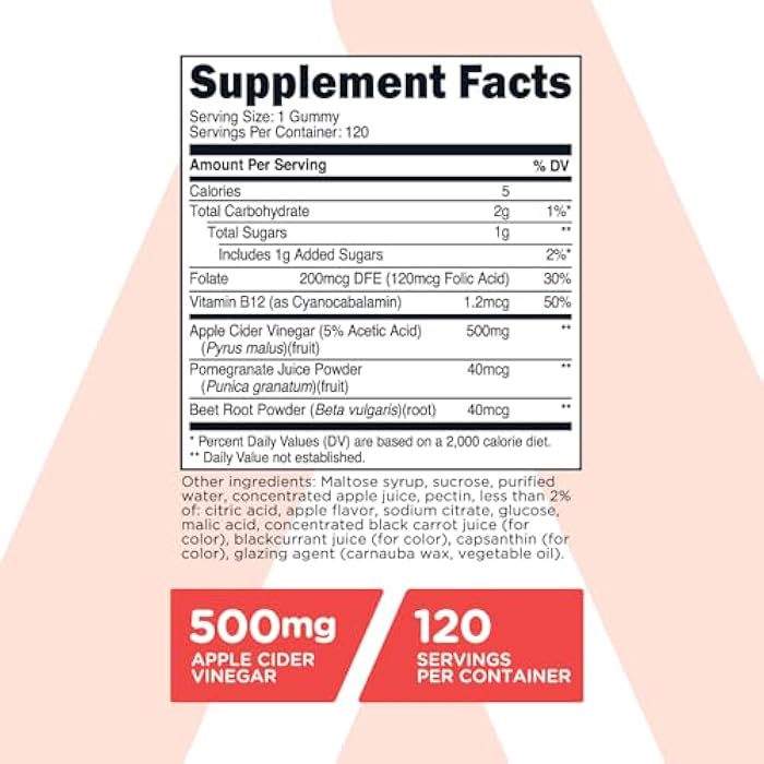 TransformHQ Apple Cider Vinegar Gummies (120 Servings, 500mg Per Serving) - Gluten Free, Non-GMO - Image 2