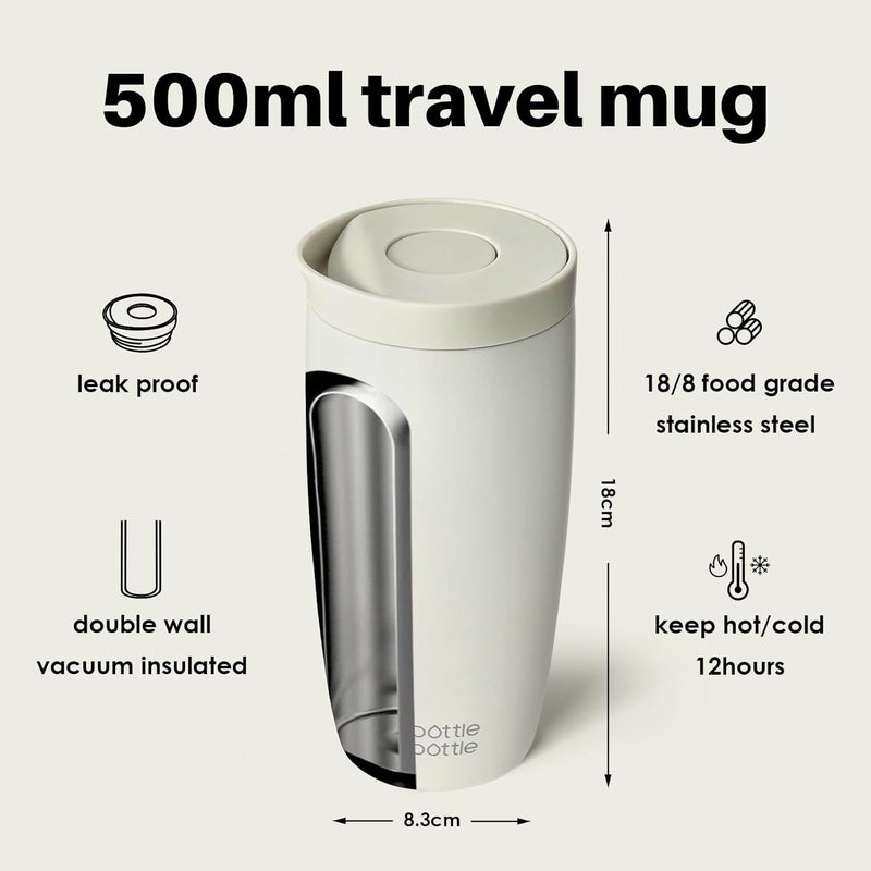 bottle bottle كوب حراري زجاجة 500 مل - مصنوع من الفولاذ المقاوم للصدأ المعزول، مقاوم للتسرب، خالي من BPA، إغلاق سريع، مزدوج الجدران (رمادي) - Image 3