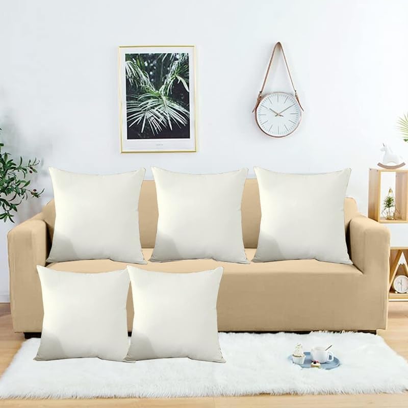 Indore Cotton Microfiber Square Cushion for Sofa Bed Pack of 5 Cushions Filler 18X18 Inch for Decoration Cushion Home_Ivory Color