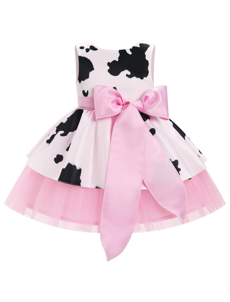 IBAKOM Baby Girl 2t 3t 4t 5t Cow Tulle Dress with Big Bow Toddler Sleeveless Smocked Back 1st Birthday Outfits Kids Flower Girl Summer Wedding Formal Dress Ball Gown Pink-Cow 2-3 Years - Image 1