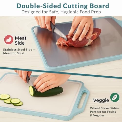 Homeze Double Sided Chopping Board 40×30 cm | Stainless Steel & Wheat Straw Cutting Board | Heavy Duty Non-Slip Kitchen Board | BPA Free, Odour Resistant, Dishwasher Safe - Image 2