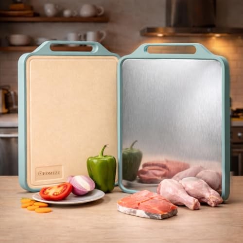 Homeze Double Sided Chopping Board 40×30 cm | Stainless Steel & Wheat Straw Cutting Board | Heavy Duty Non-Slip Kitchen Board | BPA Free, Odour Resistant, Dishwasher Safe - Image 1
