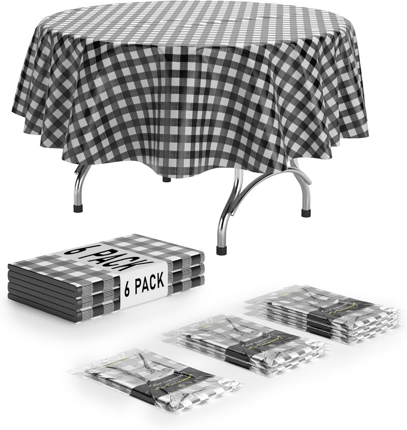Exquisite Picnic Table Cover - 6 Pack Round Premium Plastic Tablecloth - Black & White Checkered BBQ Table Cover - Gingham Checkerboard Disposable Plastic Tablecloth 84 inch - Image 1