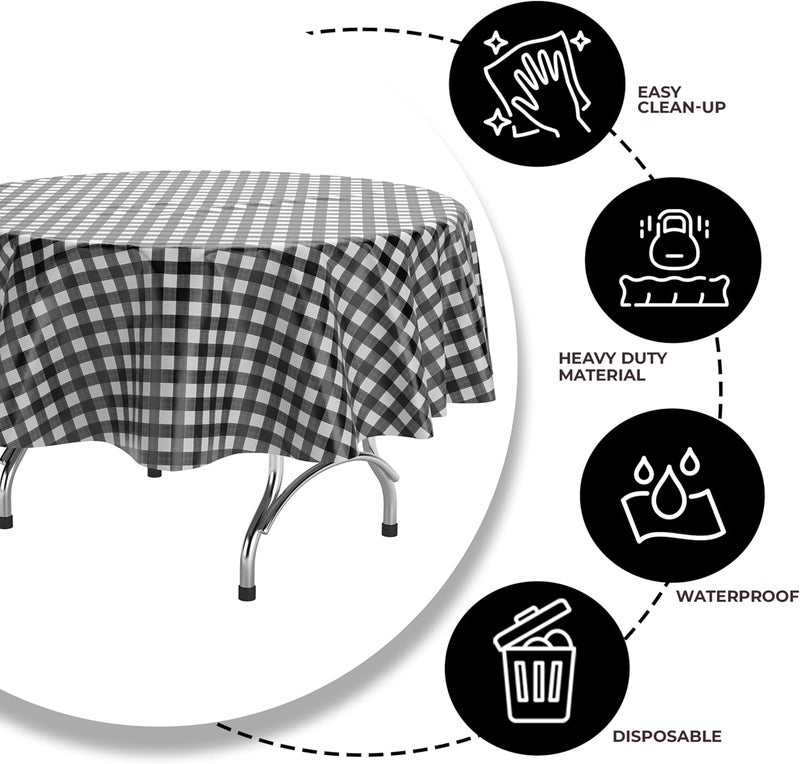 Exquisite Picnic Table Cover - 6 Pack Round Premium Plastic Tablecloth - Black & White Checkered BBQ Table Cover - Gingham Checkerboard Disposable Plastic Tablecloth 84 inch - Image 4