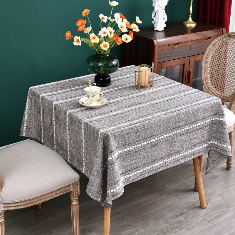 NEWISHER Rustic Farmhouse Embroidered Square Tablecloth Jacquard Striped Table Cloth Linen Texture Washable Dining Table Cover Kitchen Dining Home Decoration Coffee 70x70 inch - Image 2