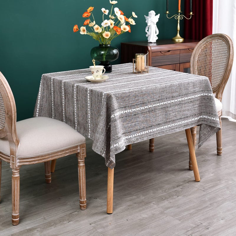 NEWISHER Rustic Farmhouse Embroidered Square Tablecloth Jacquard Striped Table Cloth Linen Texture Washable Dining Table Cover Kitchen Dining Home Decoration Coffee 70x70 inch - Image 3