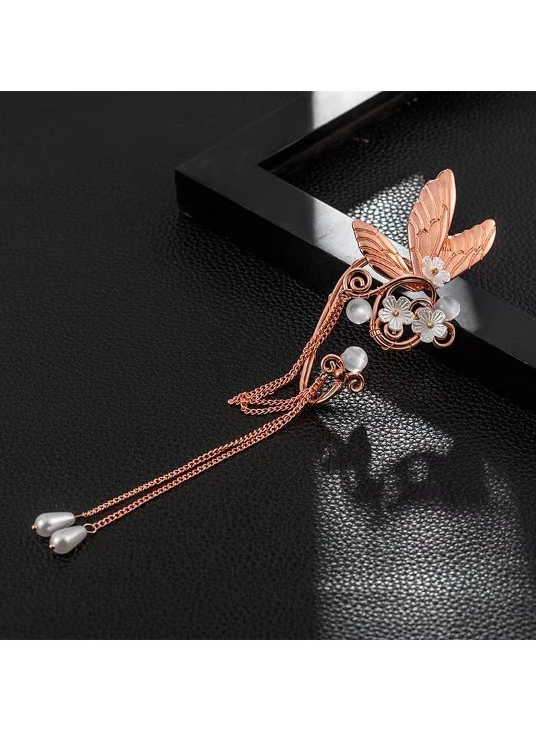 Fairy Wing Ear Cuffs for Women, Handmade Butterfly Wing Earrings Pearls and Tassel Handmade Earrings Dragonfly Wings Pearls Jewelry Elegant Tassel Earrings Stylish Fairy Wing Ear Cuffs for Women Girls - Image 5