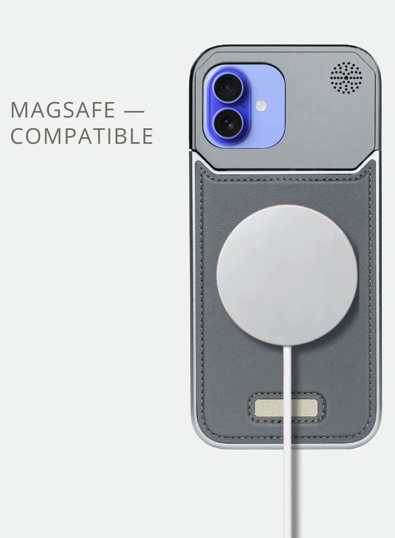 Wtech Apple iPhone 16 Plus 5G 2024 Metal Frameless Case Metallic Vegan Leather Magsafe Support Hard Case Cover (MCMPMN) - Grey - Image 4