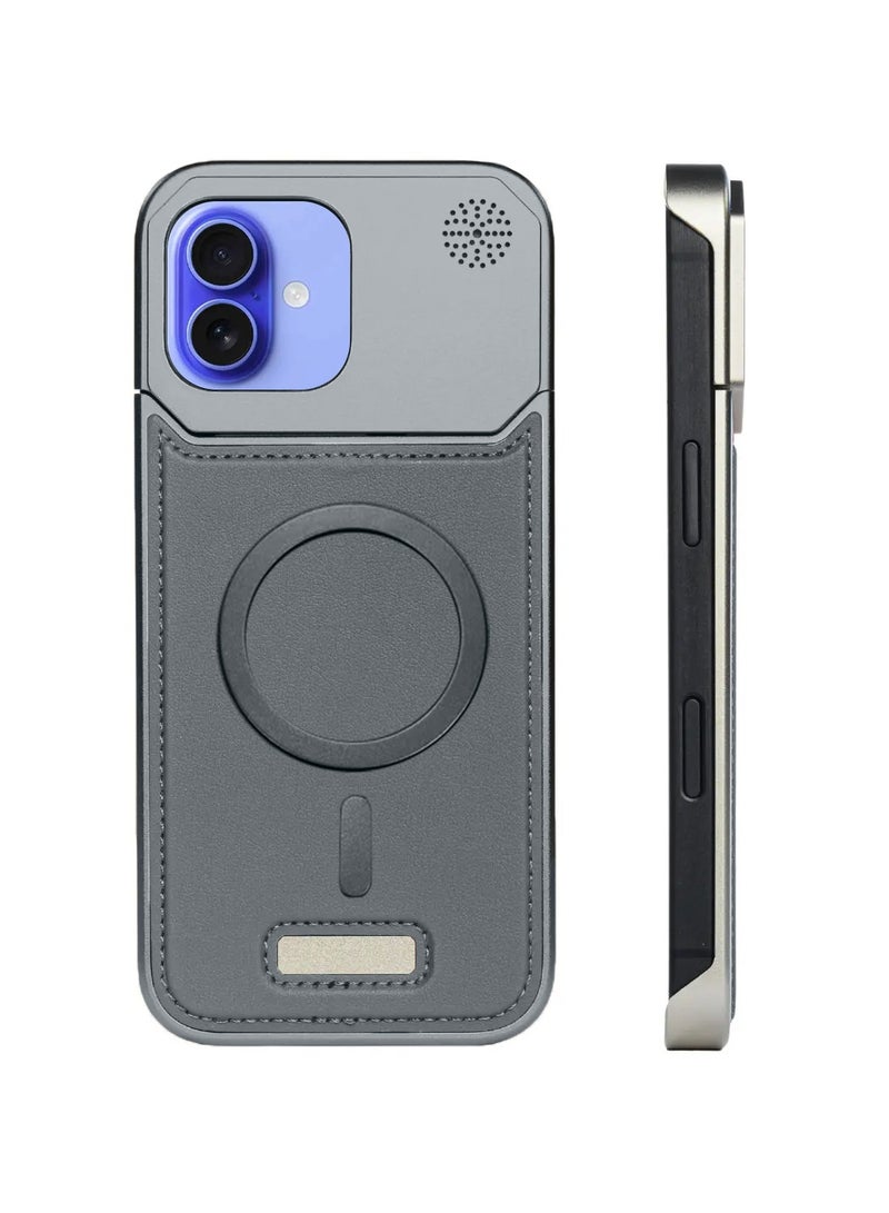 Wtech Apple iPhone 16 Plus 5G 2024 Metal Frameless Case Metallic Vegan Leather Magsafe Support Hard Case Cover (MCMPMN) - Grey - Image 2