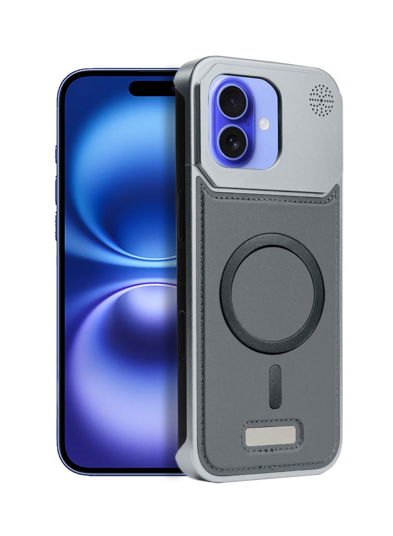 Wtech Apple iPhone 16 Plus 5G 2024 Metal Frameless Case Metallic Vegan Leather Magsafe Support Hard Case Cover (MCMPMN) - Grey - Image 1