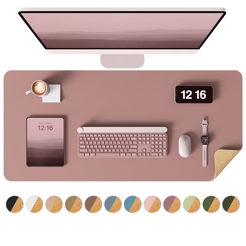 YSAGi Double-Sided Desk Pad, 31.5"x15.7" Leather Desk Mat, Eco Cork Desk Pad Protector,Large Mouse Pad,Waterproof Desk Blotter for Office/Home (Pale Mauve/Cork) - Image 1