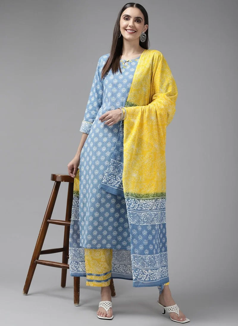 ZERESOUQ Blue & Yellow Ethnic Printed Dupatta Set