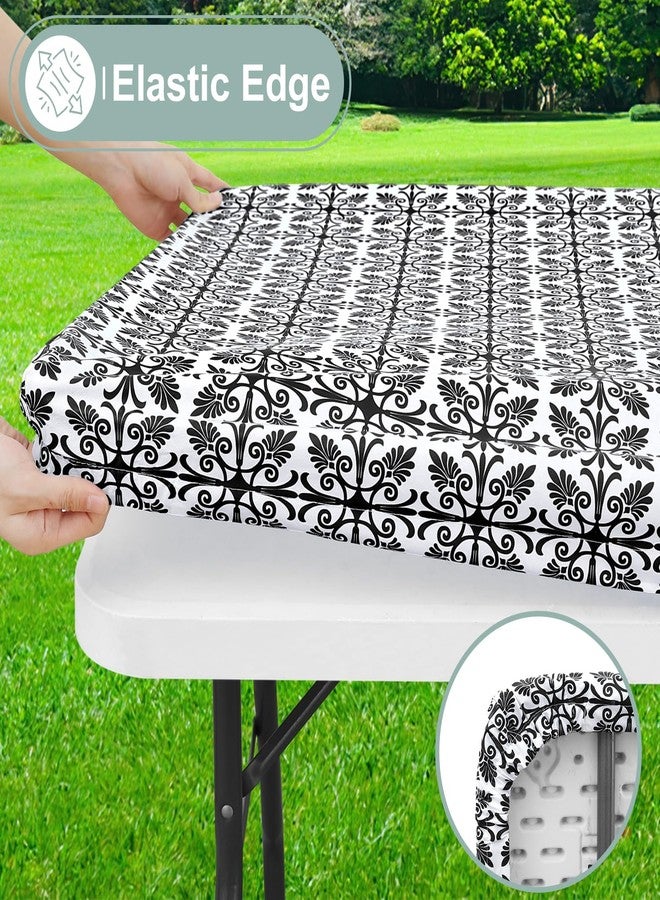 misaya Rectangle Vinyl Table Cloth, Elastic Fitted Flannel Backed Tablecloth, 100% Waterproof Plastic Table Cover Fits 6 Foot Folding Tables for Picnic, Camping, Outdoor (Black, 30" x 72") - Image 2