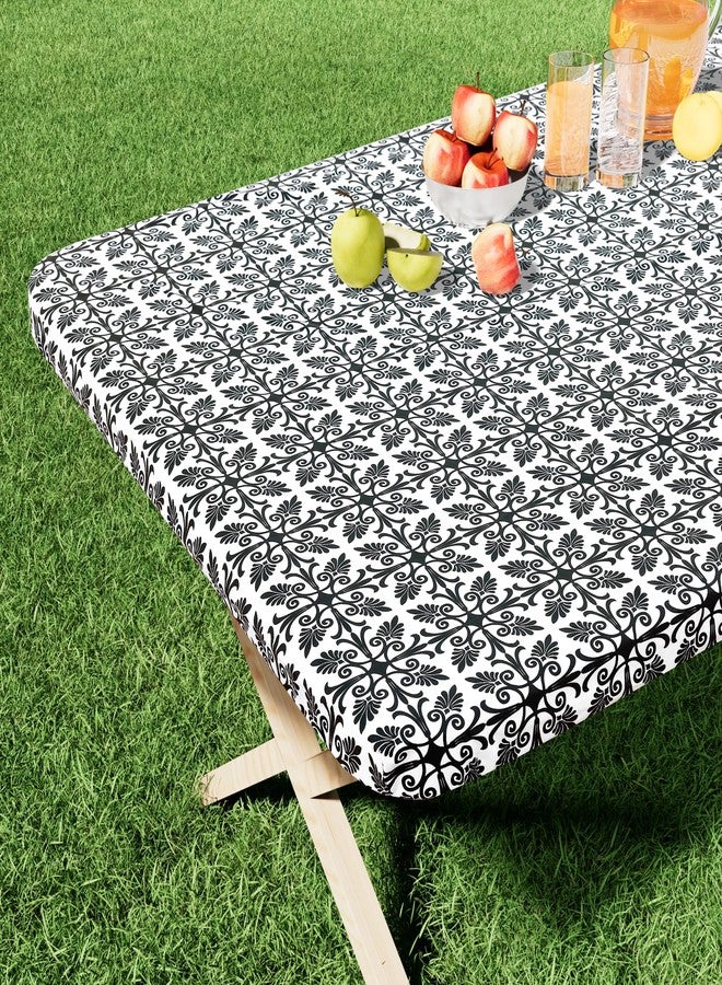 misaya Rectangle Vinyl Table Cloth, Elastic Fitted Flannel Backed Tablecloth, 100% Waterproof Plastic Table Cover Fits 6 Foot Folding Tables for Picnic, Camping, Outdoor (Black, 30" x 72") - Image 1