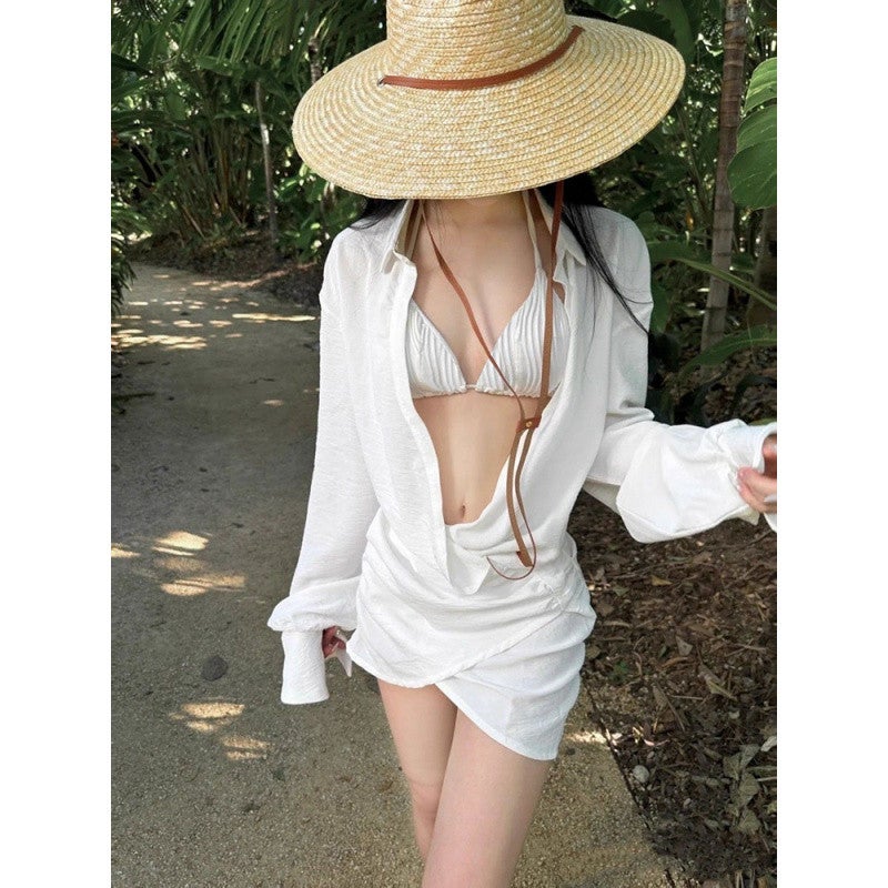 Ins Seaside Beach Vacation Bikini Shirt Skirt Swimsuit Women'S Three-Piece Set Covering Belly Popular Small Breasts Summer - Image 2
