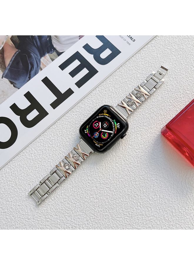 Replacement Strap X Diamond Ladies Watch Band For Apple Watch Ultra 49mm&Watch Ultra 2 49mm / Series 9&8&7 45mm / SE 3&SE 2&6&SE&5&4 44mm / 3&2&1 42mm Silver + Rose Gold