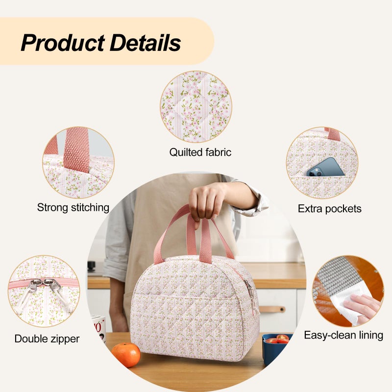 honitty Lunch Box for Women,Cute Quilted Lunch Tote Bag,Reusable Insulated Lunch Box,Large Capacity Cooler Bag with Compartments for Work, Picnics or Travelling - Image 5