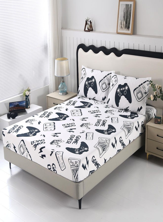SDIII White Gamer Full Size Sheet with 2 Pillowcases, Not Including Flat Sheet, Soft Microfiber Deep Pocket Gaming Bed Sheets for Boys Girls Kids - Image 1