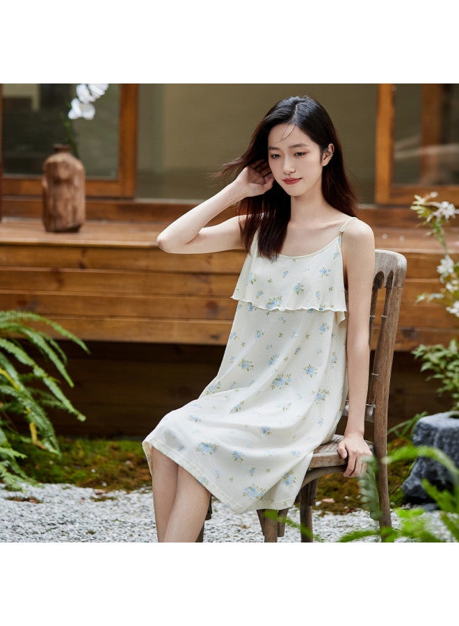 Top melon Double-layer Wavy Edge Anti-peep】fresh Print Women's Camisole Nightgown Summer Cotton Midi Dress For Women - Image 2