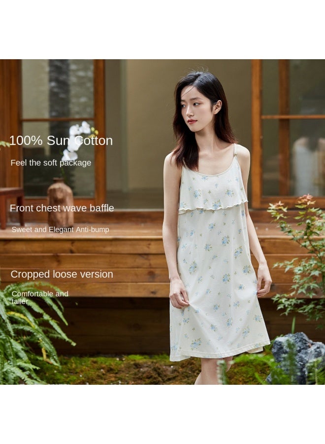 Top melon Double-layer Wavy Edge Anti-peep】fresh Print Women's Camisole Nightgown Summer Cotton Midi Dress For Women - Image 4