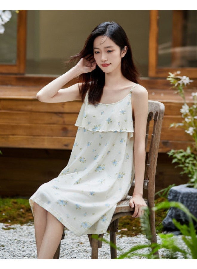 Top melon Double-layer Wavy Edge Anti-peep】fresh Print Women's Camisole Nightgown Summer Cotton Midi Dress For Women - Image 1