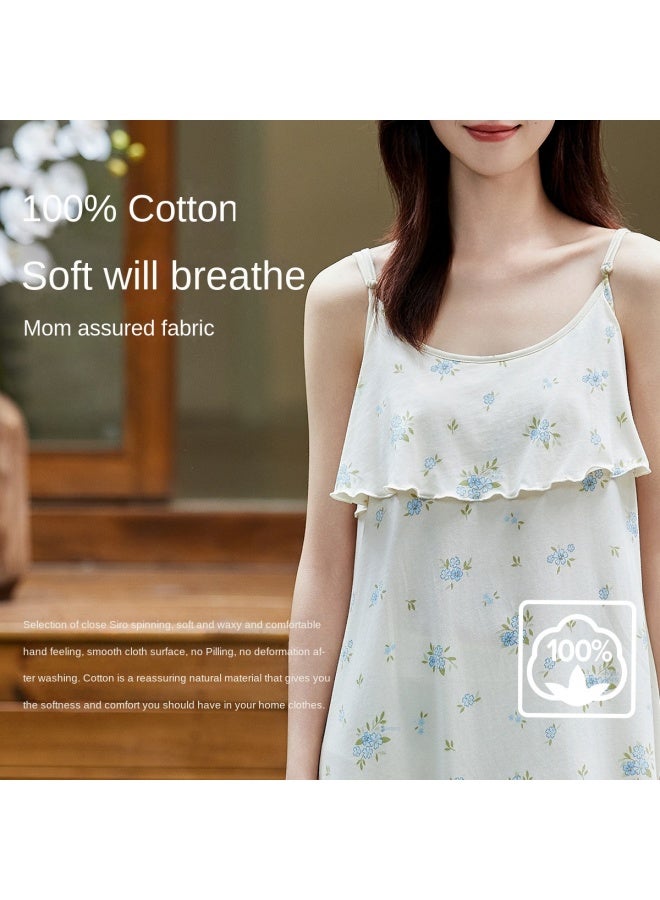 Top melon Double-layer Wavy Edge Anti-peep】fresh Print Women's Camisole Nightgown Summer Cotton Midi Dress For Women - Image 3