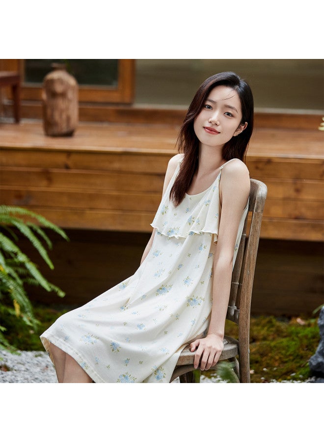 Top melon Double-layer Wavy Edge Anti-peep】fresh Print Women's Camisole Nightgown Summer Cotton Midi Dress For Women - Image 5