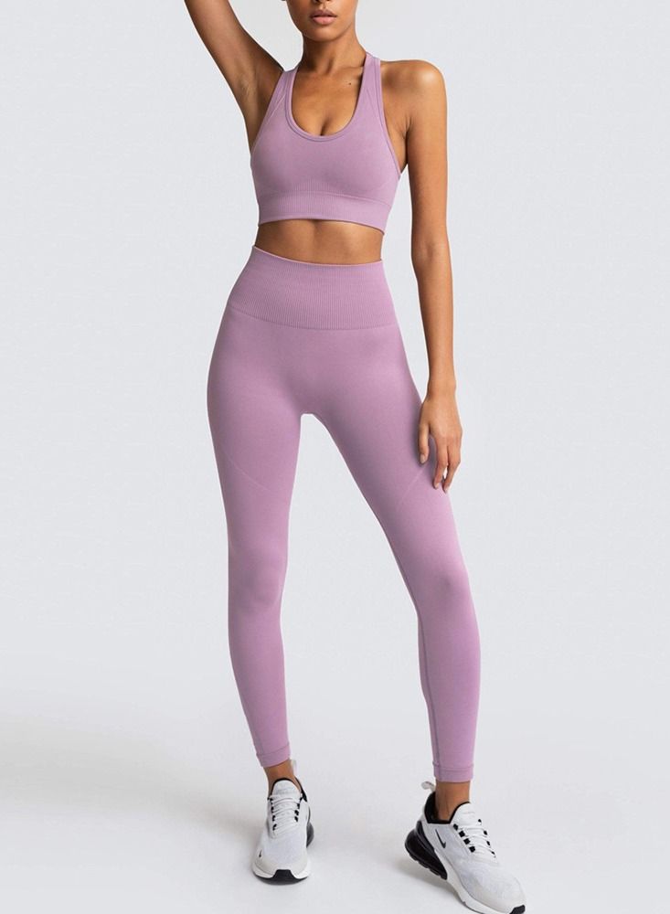 Loquat Fitness Back Bra Solid Color Sports Set Light Purple - Image 1