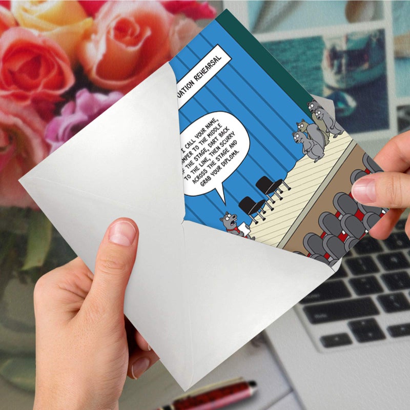 NobleWorks - 1 Happy Graduation Card Funny - Cartoon Card for Graduate, School or College, Humor Notecard with Envelope - Squirrel Graduation Rehearsal C6811GDG - Image 5