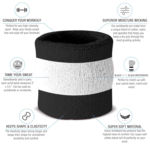 Suddora Striped Sweatband Set, Moisture Wicking 2 Wristbands and 1 Headband, Breathable Athletic Sweat Bands for Sports, Costumes & Cosplay, Matching Bands to Wear with Jersey, Black White Black - Image 4
