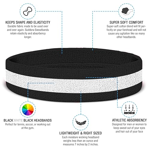 Suddora Striped Sweatband Set, Moisture Wicking 2 Wristbands and 1 Headband, Breathable Athletic Sweat Bands for Sports, Costumes & Cosplay, Matching Bands to Wear with Jersey, Black White Black - Image 3