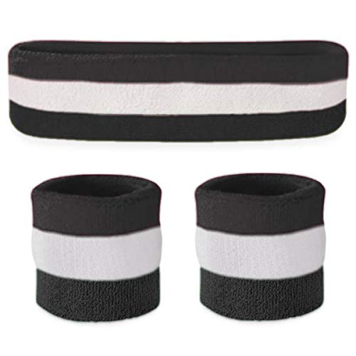 Suddora Striped Sweatband Set, Moisture Wicking 2 Wristbands and 1 Headband, Breathable Athletic Sweat Bands for Sports, Costumes & Cosplay, Matching Bands to Wear with Jersey, Black White Black - Image 1